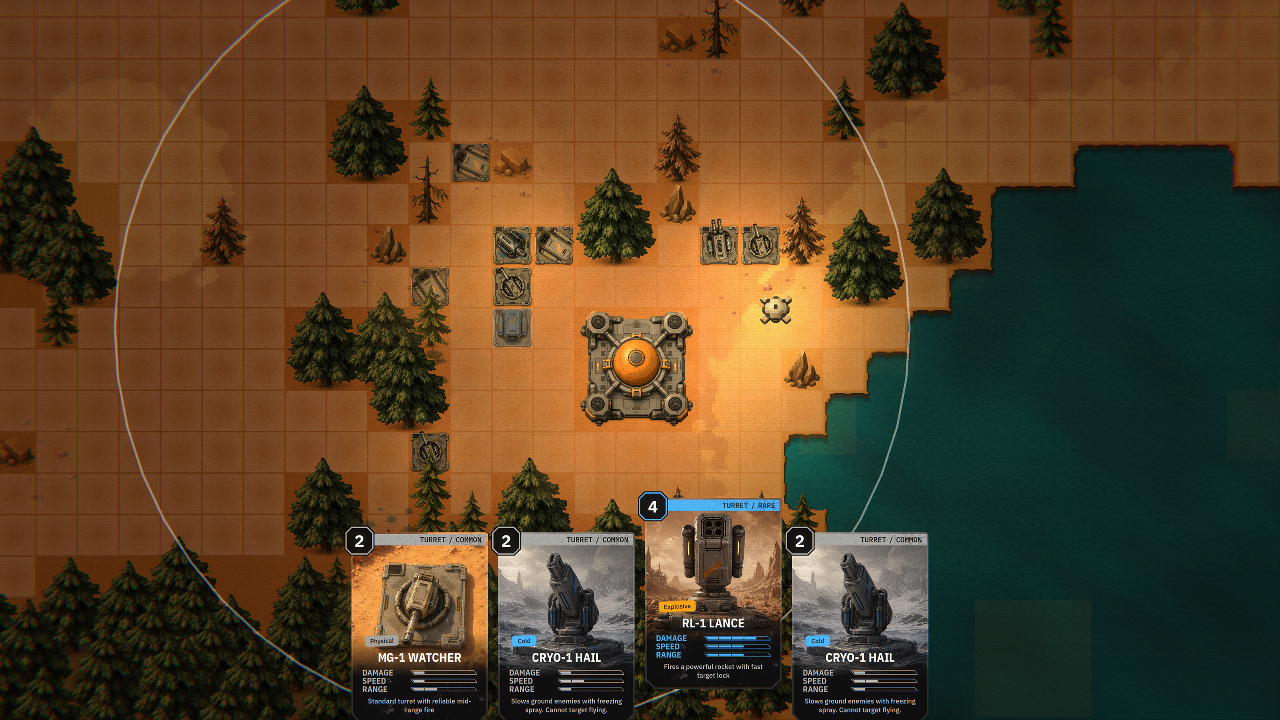Turrets and cards arranged around a lakeside defense